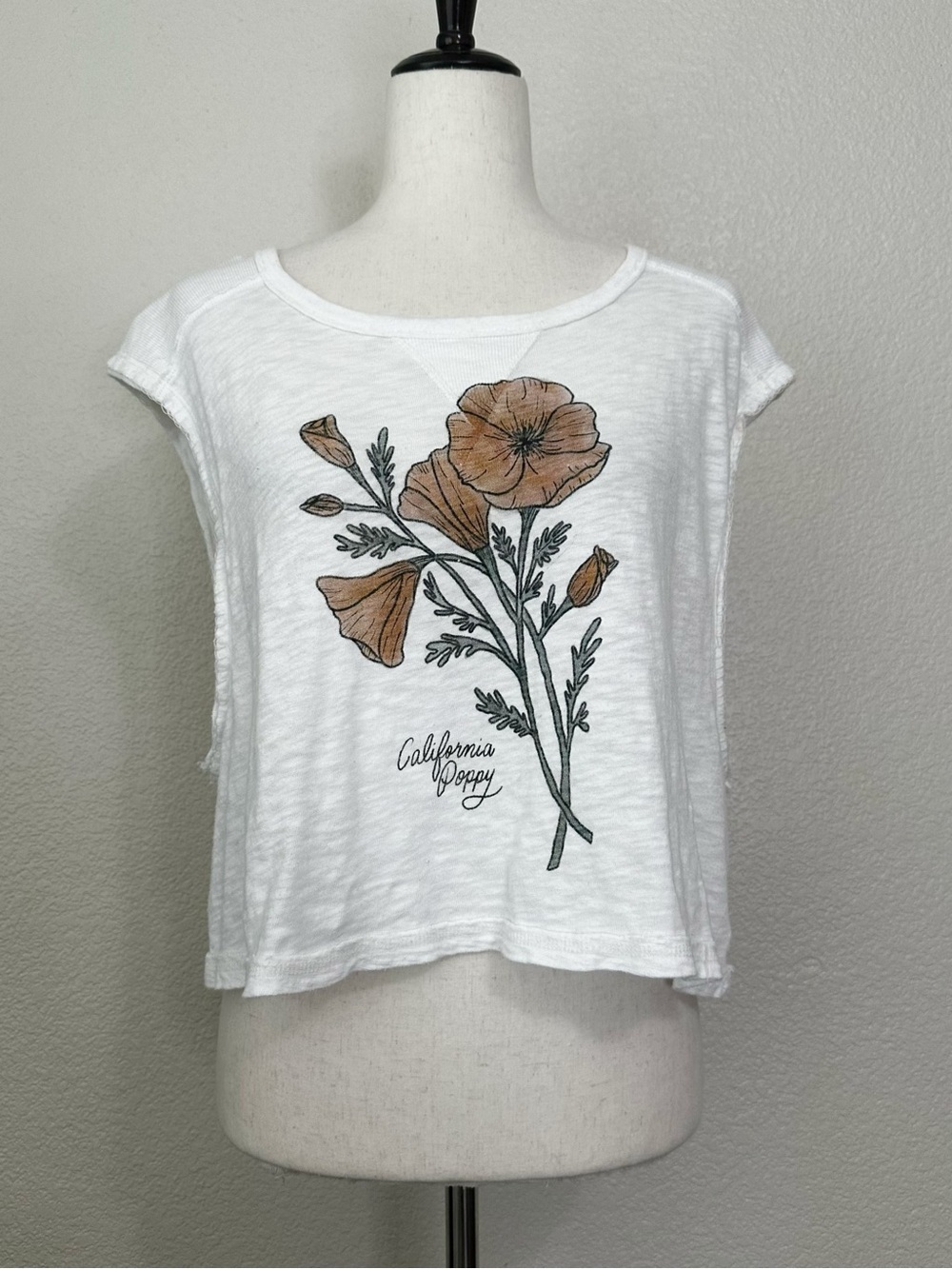 American Eagle White Ivory Graphic California Poppy Muscle Tee, Sz Large